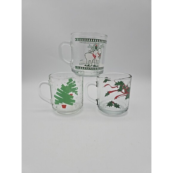 Lot of 3 Vintage Christmas Coffee Mugs Anchor Hocking & Luminarc Clear Glass - Picture 1 of 11